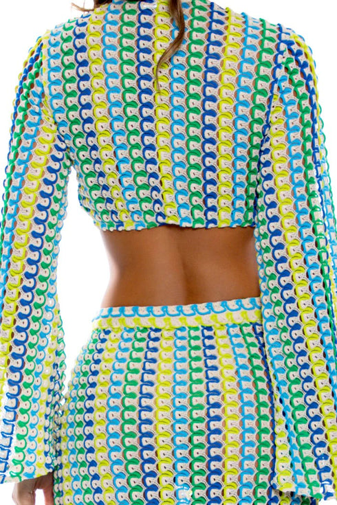 Luli Fama Island Blues Bell Sleeve Crop Top